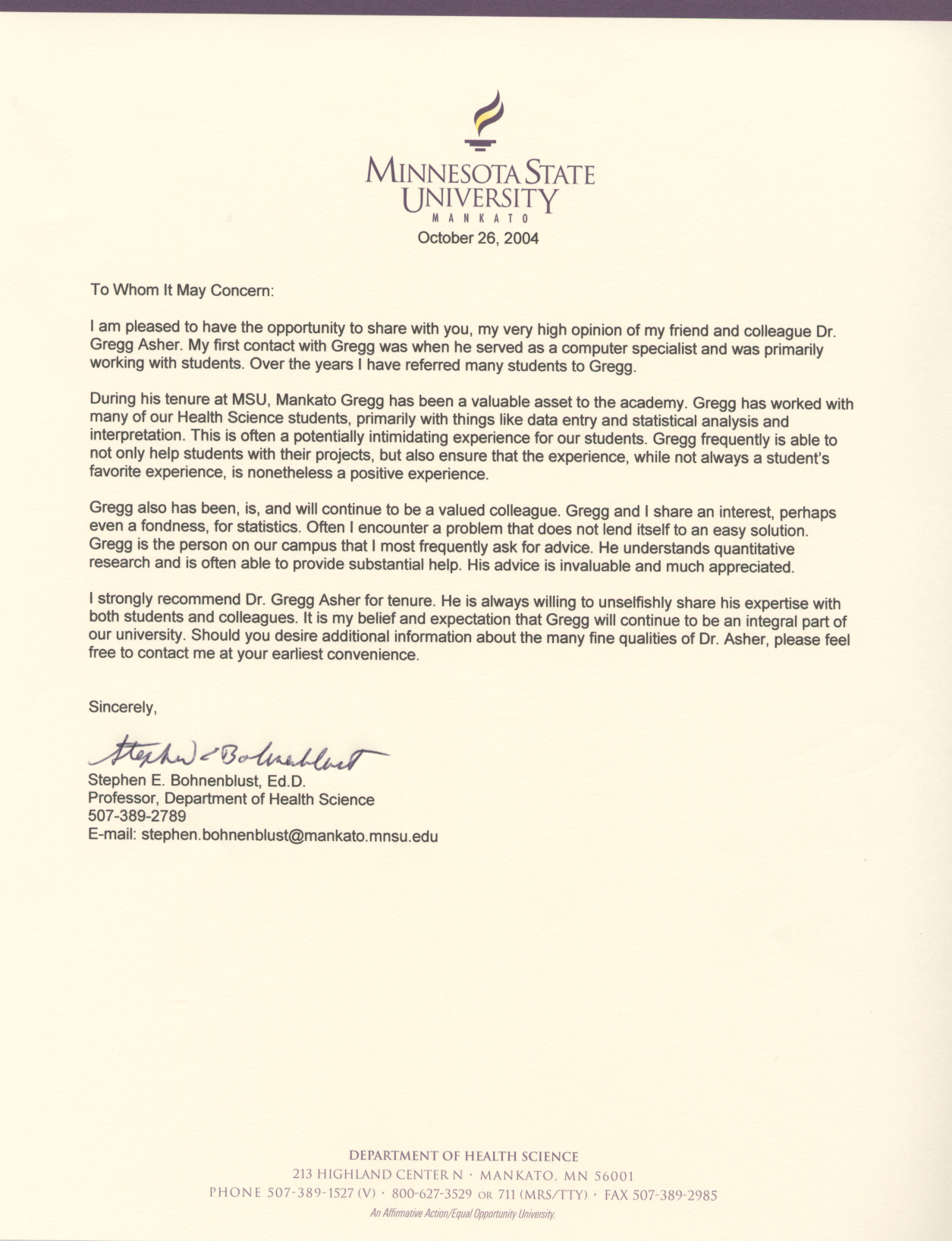 Gregg W. Asher's Tenure Letters CIS Department and University Community